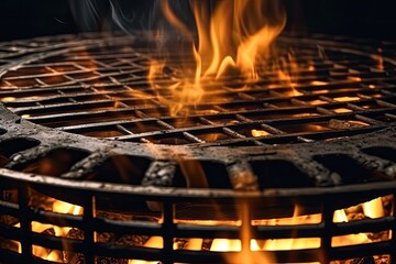 Poster - Close-up view of a grill with flames shooting out, creating a mesmerizing dance of light and shadows
