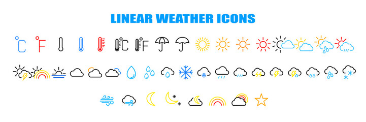 Wall Mural - Weather line icon collection. Weather forecast symbol. Weather, cloud, rain, snow, wind, hurricane, sun, moon, thermometer, heat and cold weather linear icons on white isolated background eps10 etc - 