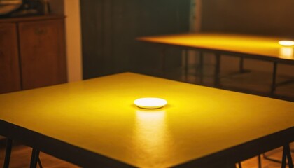 Poster -  a table with a lit candle on it in the middle of a room with two chairs and a table in the background.