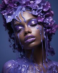 Sticker - A woman showcasing vibrant purple makeup and a headpiece adorned with flowers.