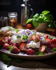 Poster - A plate filled with fresh strawberries and dollops of whipped cream arranged on a table.