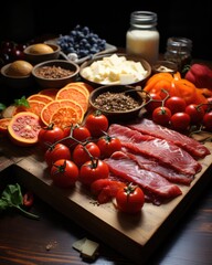 Poster - A wooden cutting board with an assortment of fresh meat and vegetables neatly arranged on top.