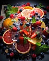 Poster - A variety of fresh and colorful fruits, including apples, oranges, bananas, and grapes, beautifully arranged on a table.