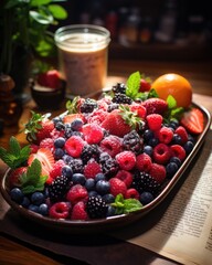 Poster - A bowl filled with a variety of fresh berries, vibrant raspberries, and juicy oranges resting on a table.