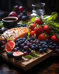 Poster - A wooden cutting board displaying a variety of fruit arranged in a plentiful and visually appealing manner.