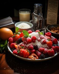 Poster - A variety of fresh fruits and other foods arranged on a table.