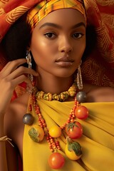 Poster - A woman dressed in a vibrant yellow dress adorns herself with a necklace.