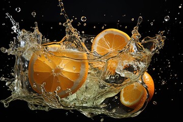 Poster - Oranges are falling into the water, creating splashes.