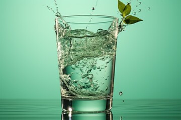 Aufkleber - A glass of water containing a single green leaf that is floating.
