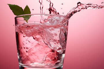 Sticker - A glass filled with transparent water showcasing a green leaf floating gently on the surface in pink background 