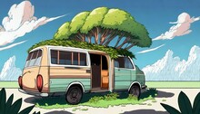 Anime Illustration Style Abandoned Van Car With House That Tree Grow On It Behind Generative Ai