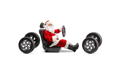 Wall Mural - Santa Claus in a car seat on four wheels showing thumbs up