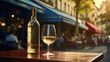 Generative AI, glass of white wine and bottle on wooden table with blur background with lights of street bar, cafe, coffee shop or restaurant, wine mock up	
