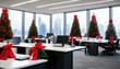 an office decorated with christmas trees and red bows on the desks, in front of large windows looking out to city skyline