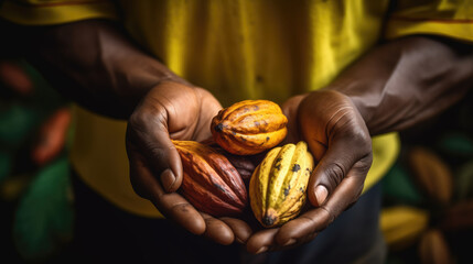 A farmer on a cocoa plantation harvests.