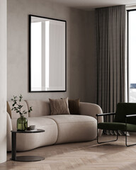 Wall Mural - Poster frame mock-up in home interior background with modern sofa, table and decor in living room, 3d render