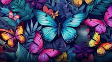 Tropical Colorful Wallpaper Pattern With Vibrant Tropical Leaves, Butterflies, And Birds On An Aged Texture Background.