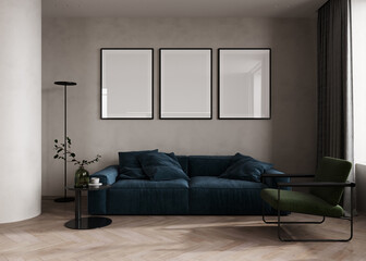 Wall Mural - Three poster frames mock up in modern home living room interior with blue sofa and coffee table with decor, 3d render