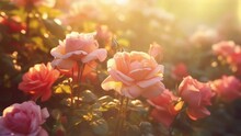 Pink Roses And Orange And White Flowers In The Sunny Day Garden, Butterflies Flying Over The Flowers Background 4k