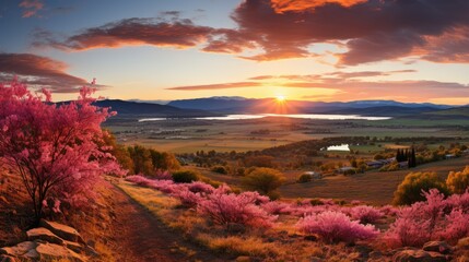 Poster - The sun slowly dips below the horizon, casting a warm glow over a picturesque landscape filled with rolling hills, colorful wildflowers, and a tranquil lake