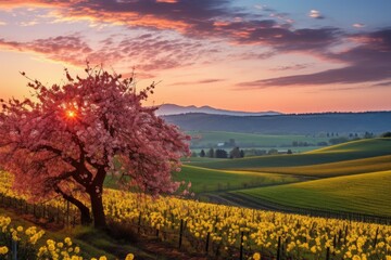 Aufkleber - Pink flowering  tree stands tall in a vast field as the sun sets in the background, casting a warm glow over the peaceful scene