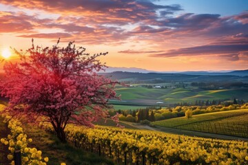 Wall Mural - panoramic serene sunrise over landscape with pink blooms