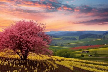 Poster - Pink sakura tree stands tall in the vast expanse of a field, its branches reaching towards the sky as the surrounding landscape basks in the tranquility of nature