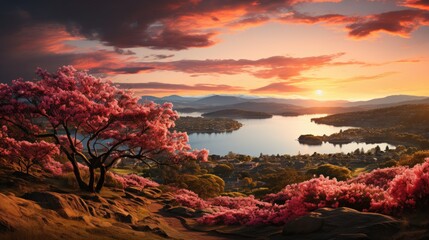 Aufkleber - A mesmerizing painting capturing the beauty of a vibrant sunset casting warm hues over a calm lake, reflecting the skys stunning colors