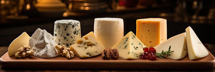 Poster - A variety of artisanal cheeses displayed on a wooden tray, showcasing their different textures, colors, and shapes in a harmonious arrangement