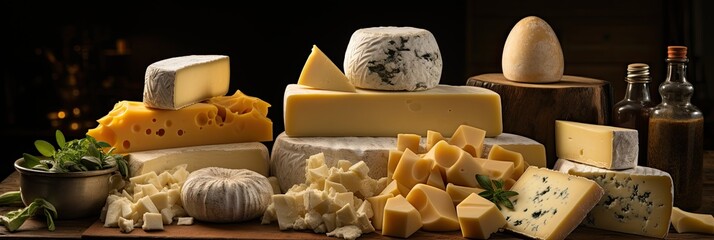 Poster - A table adorned with various colors, textures, and flavors of cheeses, showcasing a delightful assortment for a delectable feast