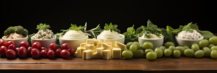 Poster - A wooden table holds a colorful array of various types of food, including fruits, vegetables, meats, cheeses, and breads, creating a vibrant and appetizing display