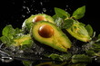 close up view of sliced avocado with water drops and splash