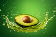 close up view of sliced avocado against green background with water splash