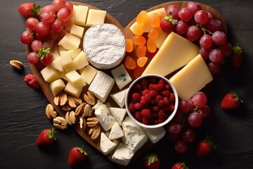 Poster - A heart-shaped platter displays a colorful array of artisanal cheeses, ripe fruits, and crunchy nuts, inviting indulgence and celebration