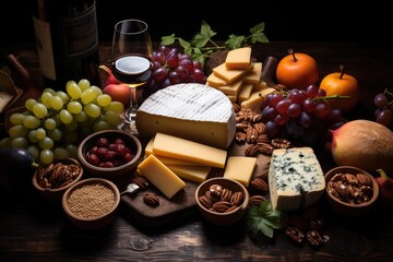 Poster - A visually stunning array of assorted cheeses spread out on a rustic table, showcasing a mix of textures, colors, and flavors