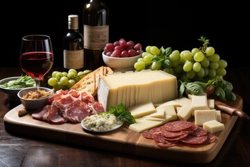 Poster - A wooden cutting board overflows with a delectable array of cheese and meats, creating a tantalizing display of flavors and textures