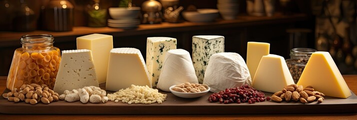 Poster - Indulge in a visually appealing display of assorted cheeses and nuts meticulously arranged on a decorative tray, creating a tempting spread of flavors and textures