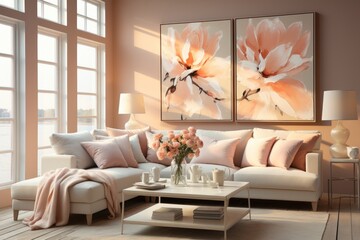 In this stylish living room, the trendy peach color scheme adds a touch of warmth and fuzz