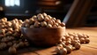 Hazelnuts in a wooden bowl on a wooden table. Close-up.