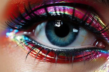 Poster - Detailed close-up of a blue eye with vibrant Pearlescent  makeup, showcasing artistic and bold fashion.