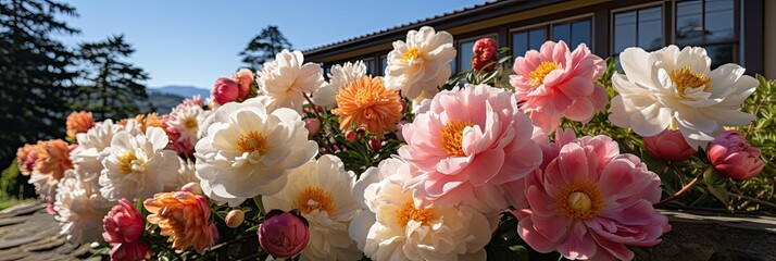 Aufkleber - A collection of vibrant and fragrant peony flowers in garden  near house 