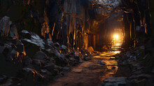 Interior Panorama Of Underground Mine Shaft. Dark Corridors Inside Abandoned Stone Quarry