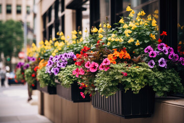 Flower filled window boxes. Closeup of colorful blooming flowers in window planters boxes adorning city building. Urban gardening landscaping design