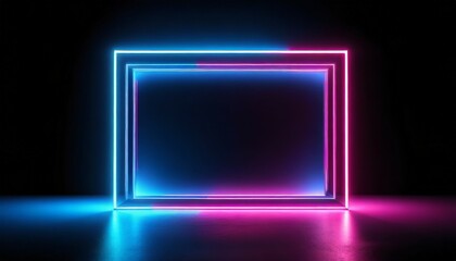 Wall Mural - square rectangle picture frame with two tone neon color motion graphic on black background blue and pink light moveing for overlay element 3d illustration rendering empty copy space middle