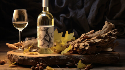 Wall Mural - bottle of glass with white wine, autumn decor and dry branches on wooden table