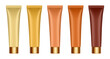 Set of yellow, beige, gold, bronze and brown tubes with gold caps. Cosmetic tube mockup. 3d illustration. Serum or cream.