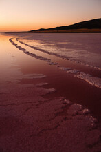 Summer Sunset View With Dried Salt Lake In Turkey. Pink Salt Covered Everything Around. Beauty Of Wild Nature.
