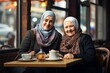 Lovely Muslim grandmothers are sitting in a cafe drinking tea and talking. Active pensioners. World Hijab Day. Generative AI