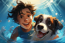 A Cartoon Illustration Of A Boy And His Dog Having Fun Playing In The Water.