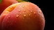  a close up of a red apple with water droplets on it's skin and a green leaf sticking out of the top of the top of the apple, on a black background.
